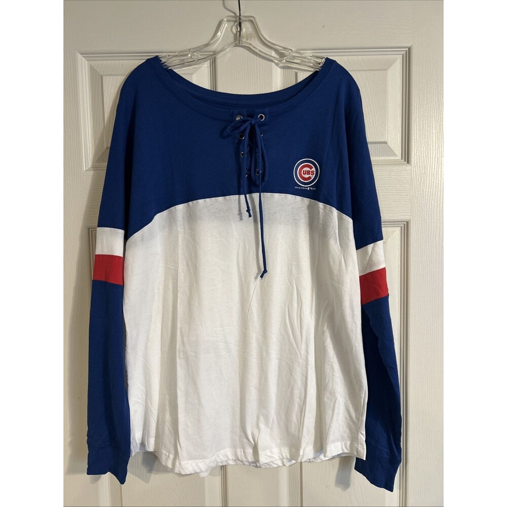 Chicago Cubs Shirt Blue White  lace up Long Sleeve New Era Size Large Womens - Picture 4 of 13
